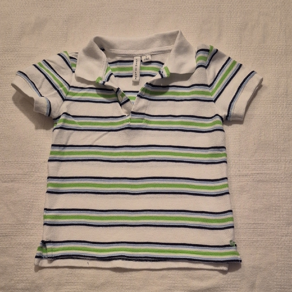 Janie and Jack boys size 3 white with green & blue striped polo shirt VGUC